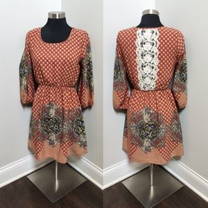 Women's Pink Owl Burnt Orange Cottage Core Peasant Dress Size Small Boho Chic
